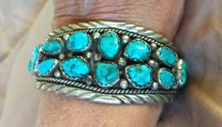 Vintage 1950s Navajo ? Indian 16 Stone Turquoise Sterling Silver Cuff Bracelet