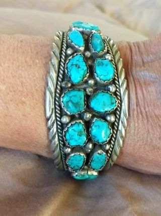 VINTAGE 1950s NAVAJO ? INDIAN 16 STONE TURQUOISE STERLING SILVER CUFF BRACELET 2