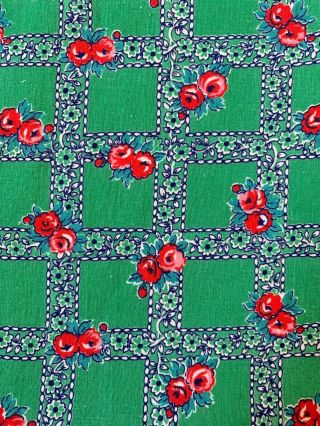 Vintage Cotton Feedsack Fabric Cute Grass Green With Little Red Flowers Plaid