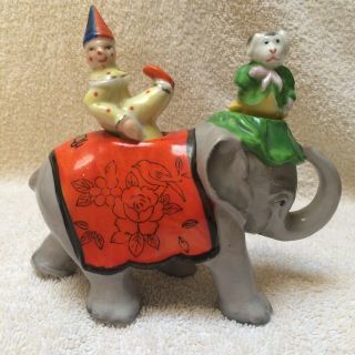 Vintage Elephant Nodder With Circus Clown & Dog Riding On Top Salt And Pepper Sh