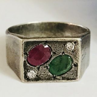 Vtg 925 Sterling Silver Ring Mens Ruby Emerald Ring Sz 14.  5