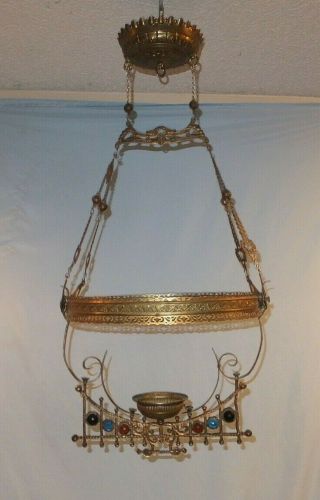 1870 - 1900 Victorian Jewel 14 " Hanging Oil Lamp Frame