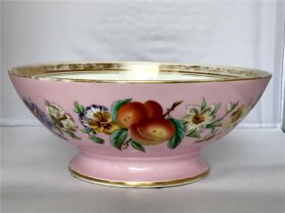 Large Pink Antique French Porcelain Punch Bowl With Fruit,  Flowers,  Nuts