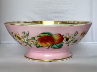 Large Pink Antique French Porcelain Punch Bowl with Fruit,  Flowers,  Nuts 3