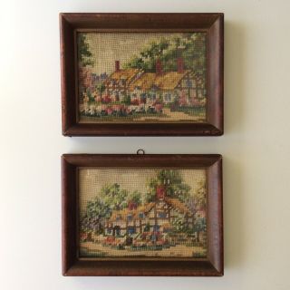 Vintage Needlepoint English Tudor Cottage Framed Wall Art Pictures Pair England