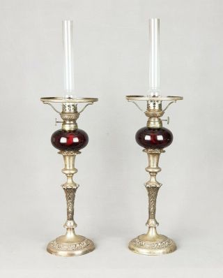 Pr Plated Victorian Ruby Kerosene Oil Miniature Peg Lamps Lamp Burner Shade Ring