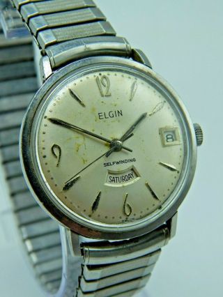 Vintage 17 Jewel Elgin Shockmaster Automatic Self Winding With Day Window At 6