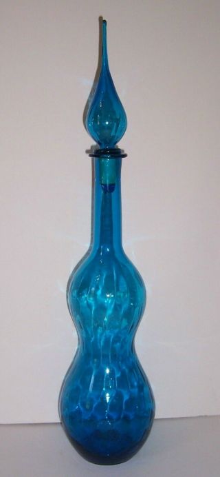 Vintage Mid Century Blue Art Glass Genie Bottle Decanter 24 Inches High