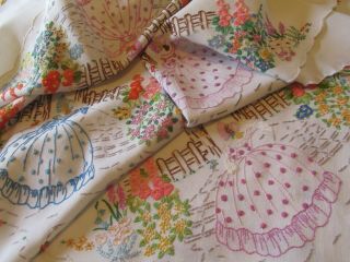 Vintage Hand Embroidered Tablecloth - Detail Crinoline Ladies & Floral 