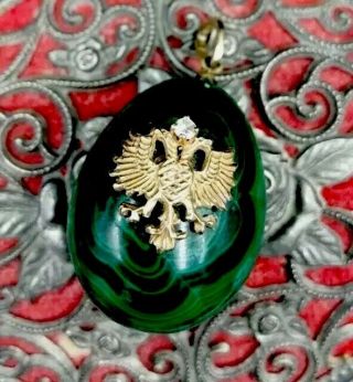 Very Rare Old Russian Malachite 14k Gold Eagle & Diamond Faberge Easter Egg
