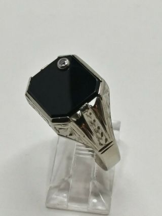 Mens 10k Solid White Gold Black Onyx W/ Diamond Etched Vintage Ring Size 10.  5