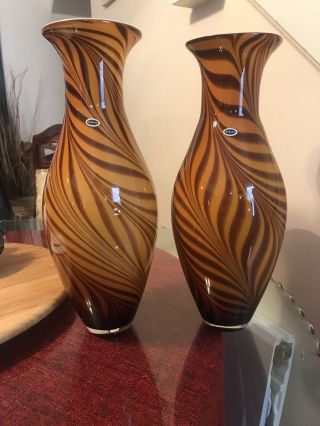 Rare Pair Murano Hand Blown Glass Large Tiger Stripe Vases W Stickers