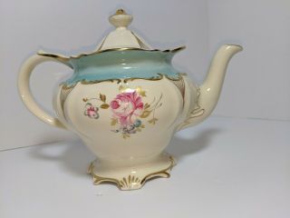 Vintage Sadler England 2951 Footed Teapot.  Lite Blue Pink Roses & Trim W/gold.