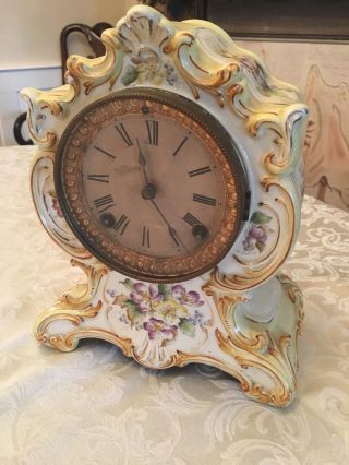 Antique Ansonia Yellow Porcelain Mantle Clock Towanda Model Circa 1882