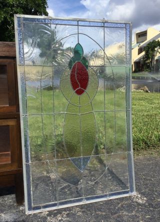 Vintage Arts & Crafts Red Berry Teardrop Leaded Stained Glass Window