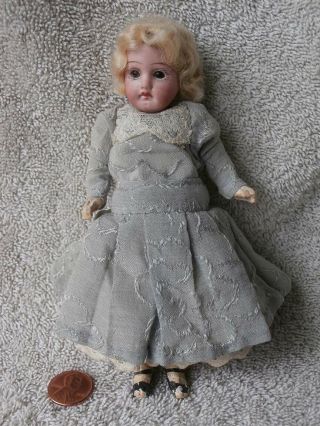 Very Sweet Little Blonde Antique German Bisque Head Doll 6 1/2 " Dress