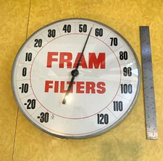 Vintage Fram Filters Oil Gas Station Round Thermometer Sign Glass Dome Face Old