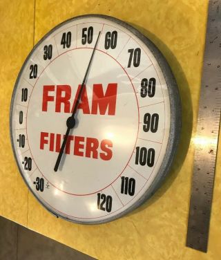 VINTAGE FRAM FILTERS OIL GAS STATION Round THERMOMETER SIGN Glass Dome Face Old 3