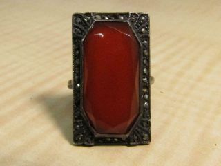 Vintage Sterling Silver Jewelry Ring Art Deco Carnelian Red Stone Marcasites
