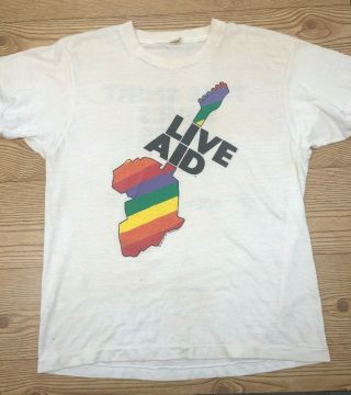 Live Aid 1985 Vintage Concert Graphic Tee Shirt Rainbow Guitar Women L 2