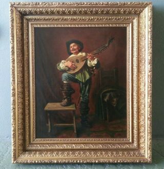 Antique Signed Genre Scene Oil Painting O/c - Man Playing Lute
