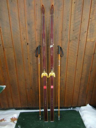 Vintage Wooden 71 " Skis Brown Wood Finish Sign Janoy,  Bamboo Poles