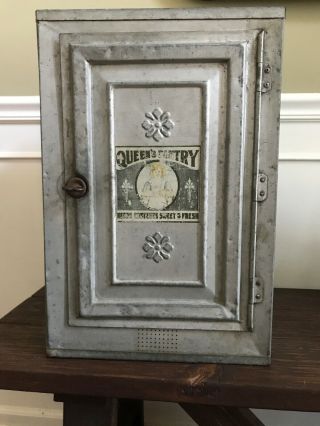 Antique,  Vintage 1920’s Metal Pie Safe/ Bread Box: Queen’s Pantry,  Rare
