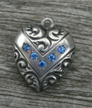 Vintage Sterling Puffy Heart Charm - Swirls With Vee Banner & Inset Blue Stones