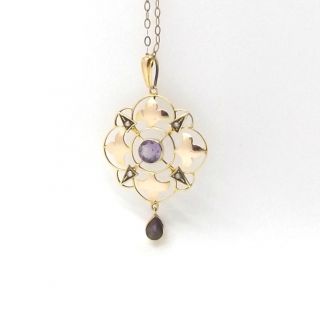 Antique 9ct Rose Gold,  Amethyst & Pearl Lavalier Pendant On A Chain