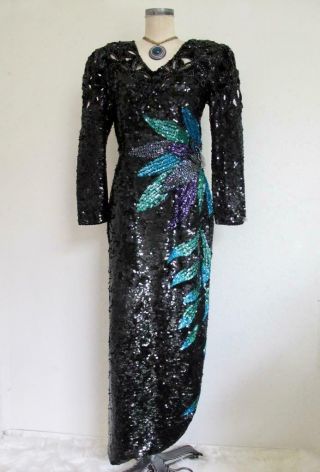 Vintage Alyce Designs 100 Silk Sequin Beaded Formal Dress L M Flower Black Aqua
