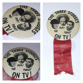Vintage The Three Stooges On Tv Large Pin Button 4 " W/ Ribbon