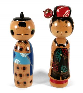 2 Vintage Japanese Kokeshi Painted Wood Wooden Dolls Bobble Wobble Head Japan