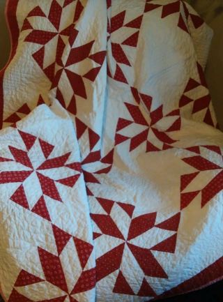 Vtg Antique Red And White Hand Stitched Calico Feedsack Quilt Flowers & Hearts