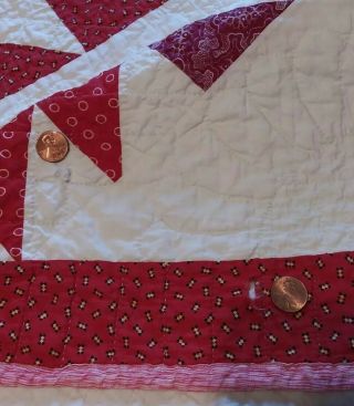 Vtg Antique Red and White Hand Stitched Calico Feedsack Quilt Flowers & Hearts 2