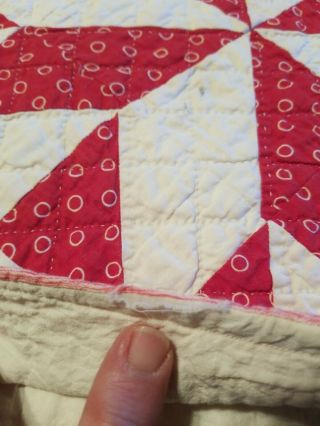 Vtg Antique Red and White Hand Stitched Calico Feedsack Quilt Flowers & Hearts 3