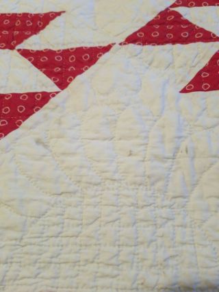 Vtg Antique Red and White Hand Stitched Calico Feedsack Quilt Flowers & Hearts 5