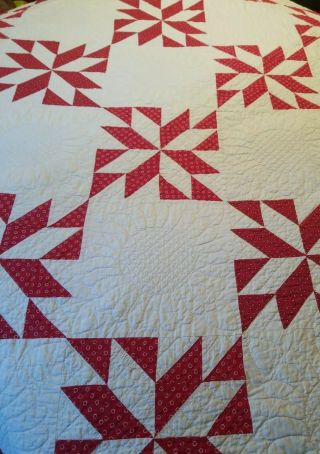 Vtg Antique Red and White Hand Stitched Calico Feedsack Quilt Flowers & Hearts 6