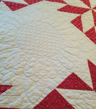 Vtg Antique Red and White Hand Stitched Calico Feedsack Quilt Flowers & Hearts 7