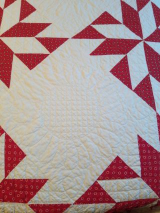 Vtg Antique Red and White Hand Stitched Calico Feedsack Quilt Flowers & Hearts 8