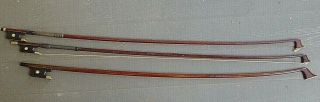 Three Antique Vintage Bows Old Violin Bow Is Branded Bausch Other Two Cant Read
