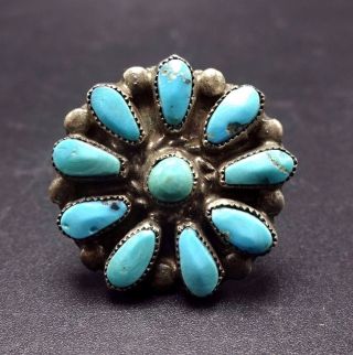 Old Vintage Navajo Sterling Silver & Turquoise Petit Point Cluster Ring,  Sz 7.  75