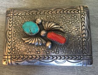 " Signed " Old Vintage Navajo Turquoise,  Coral & Sterling Silver Belt Buckle