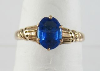 Antique 14k Yellow Gold Oval Blue Stone Solitaire Ring Sz 5.  5 Ornate Vintage