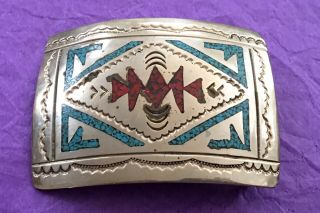 Vtg Native American Navajo Zuni Tribe Turquoise Coral Silver Signed Belt Buckle