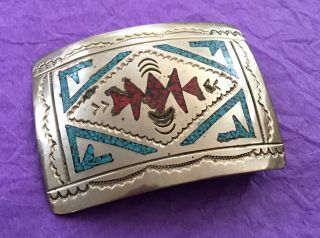 VTG Native American Navajo Zuni Tribe Turquoise Coral Silver Signed Belt Buckle 2