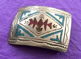 VTG Native American Navajo Zuni Tribe Turquoise Coral Silver Signed Belt Buckle 3