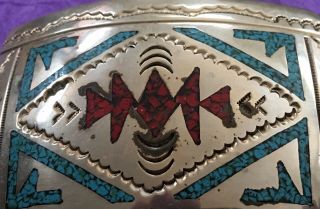 VTG Native American Navajo Zuni Tribe Turquoise Coral Silver Signed Belt Buckle 4