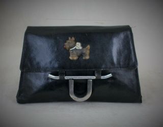 French Art Deco Leather And Chrome Clutch Bag With Celluloid Scottie Dog Trim