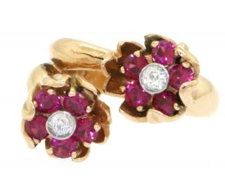 Vintage 14k Rose Gold 0.  90ct Diamond And Ruby Flower Crossover Ring Size 5