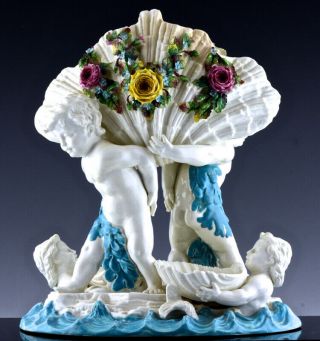 Victorian Moore Bros Porcelain Cherubs Mermaids Figural Centerpiece Vase